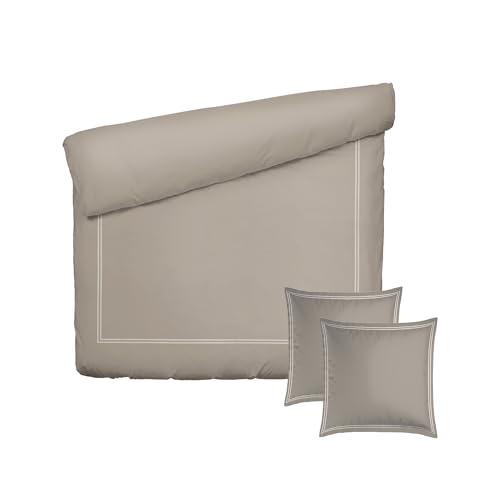 Pure Cotton 3-Piece Double Bedding Set - Duvet Cover 240 x 220 cm and 2 Pillowcases 63 x 63 cm - 100% Cotton Satin, 80 Thread Count - Oeko-TEX Certified - Calanques - Taupe and White
