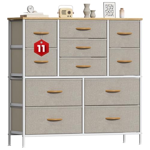 GoaHi Chest of Drawers, Large Dressers with Metal Frame and MDF Wooden Top Board, Adjustable Feet, Anti-Tip Safety, Storage Unit with 11 Drawers for Bedroom, Living Room, Closet, Office Beige