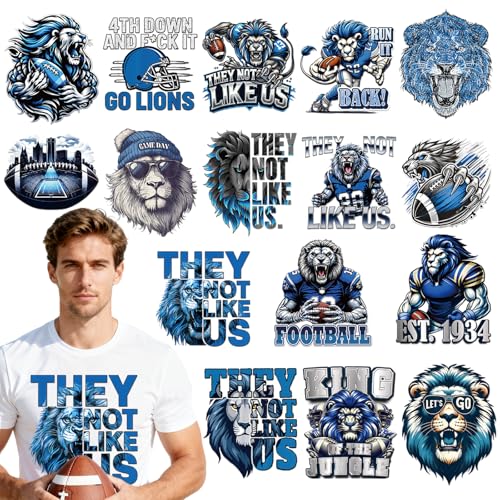 Dazoratix Football Lion Iron on Transfers - 16 Sheets Blue DTF Ready to Press Heat Patches Stickers Sport Lovers Vinyl Designs Decals for Boys T Shirts Clothes Bags Hats Hoodies DIY Crafts Decorations