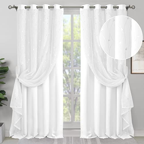 BGment 80 Inch Curtains with Sheer Overlay for Bedroom, 52 x 80 Inch Pure White Room Darkening Curtains Grommet Double Layer Silver Printed Noise Reducing Kide Drapes for Living Room, 2 Panels