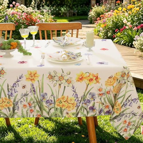 SASTYBALE Spring Floral Tablecloth 60 x 120 Inch Rectangular, Wildflowers & Butterfly Pattern, Washable Wrinkle-Resistant Table Cover for Party, Picnic, Dinner & Home Decor