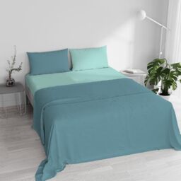 Double Bed Sheet Set, 100% Natural Cotton, Made in Italy – Complete Bed Set, Fitted Sheet, Top Sheet 240 x 300 cm and Pillowcases with Inner Flap, Teal/Aqua