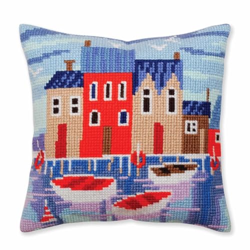 Collection d'Art 5387 Quiet Harbour Cross Stitch Cushion, Cotton, Multi-Colour, 40 x 40 cm