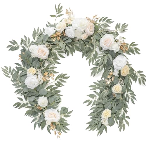 Floroom 6ft Artificial Eucalyptus Garland with Flowers Fake Greenery Faux Floral Vine Garland for Table Decor Wedding Centerpieces Bridal Shower Party Decorations, Cream White, (HT)