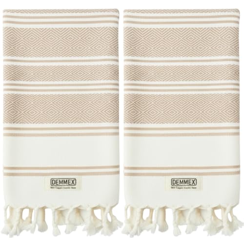 DEMMEX Organic Turkish Cotton Hand Towels Set of 2, Quick Dry Soft Diamond Weave, Absorbent Prewashed OEKO-TEX Bathroom Kitchen Towels 45x90cm (Beige)