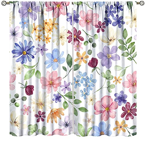AuiMzoo Floral Blackout Curtains, Spring Watercolor Flower Plant Rustic Modern Style Pattern for Bedroom Living Room, 2 Panel Set,42X45 Inch