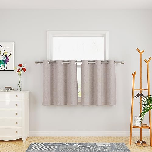 Beige Tier Curtains over Sink Linen Textured Kitchen Window 24 inches Long Privacy Cabinet Caravan Small Short Cafe Curtains Bathroom Basement Living Room Half Window Mini Curtain 2 Panels Grommet Top