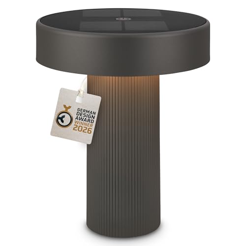 BRILONER - Poga Rechargeable LED Table Lamp, Solar Panel, Stepless Touch Dimmer, IP44, USB-C, Night Light, Battery Lamp, German Design Award Winner 2026, 16 x 20 cm, Anthracite