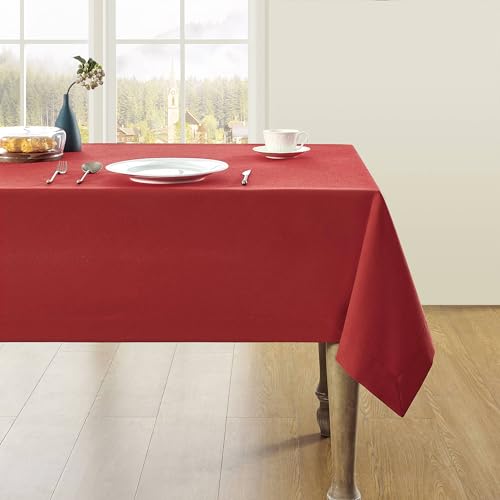 ZeeMart Linen Textured Rectangle Table Cloth, 52x70 Inch Red - Heavy Weight Fabric, Durable Thick, Mitered Corners, Modern Farmhouse Table Cloth, Wrinkle Resistant Washable Table Cover