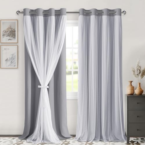 DWCN Black Out and Layered Curtains for Living Room Sheer Curtains with Tiebacks Grommet Top Window Curtain Panels with Sheer Overlay for Bedroom, 52 W by 96 L, Grey, 2 Pieces