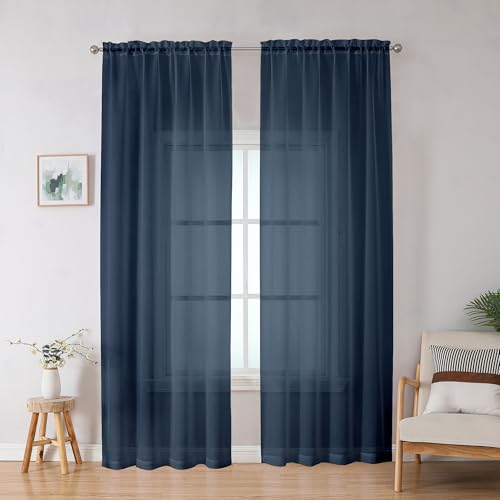 "OWENIE Blue Sheer Curtains, Sheer Curtains 78 inches Long 2 Panels Set, Rod Pocket Voile Fimly Sheer Drapes for Living Room/Bedroom, 2pcs, Each 42"" W x 78"" L, Navy Blue"