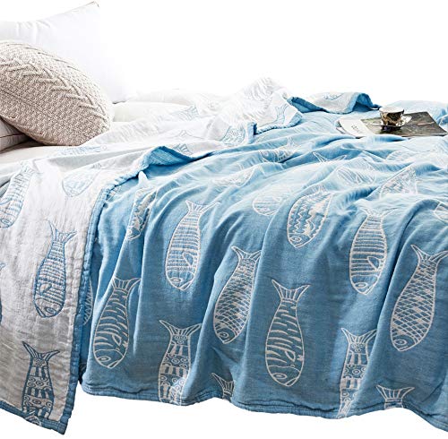 MEJU Fish Blue Muslin Lightweight Summer Blanket for Bed Sofa Couch 100% Combed Cotton 3 Layer Soft Warm Quick Dry Throw Blanket Bedspread Bed Coverlet Sheet Twin 60 in X 80 in