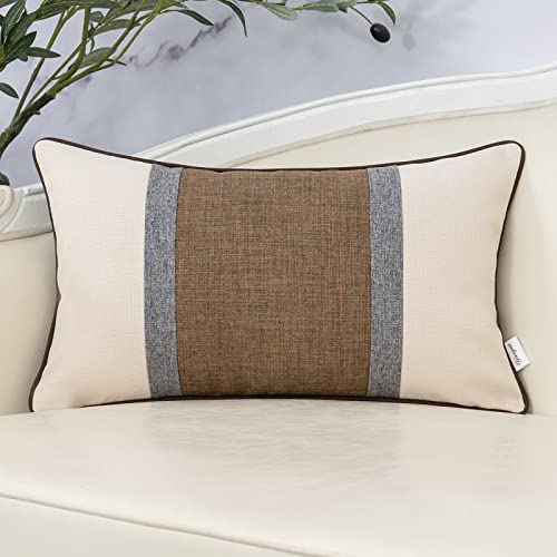 Yangest Coffee Brown Patchwork Linen Lumbar Throw Pillow Cover Farmhouse Burlap Cushion Case Neutral Oblong Pillowcase for Sofa Couch Bedroom Living Room Home Decor, 12x20 Inch