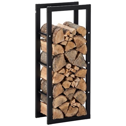 HOMCOM Metal Firewood Log Holder Firewood Rack Black 40W x 25D x 100H cm - Tall Log Store Indoors, Outdoor Use, Fireplace Wood Storage Shelf, Side Rails, Rust-Resistant