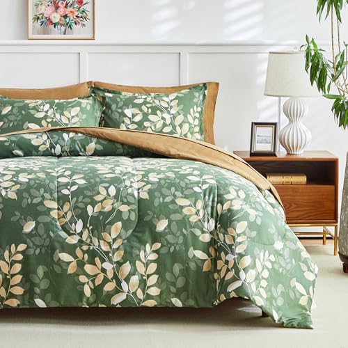 AIKASY 7-Piece Comforter Set Bed in a Bag, Queen Size, Green Leaf Pattern - Bedding Set with Comforter, Pillow Shams, Fitted Sheet, and Pillowcases - Soft and Cozy All-Season Bedding (Green)