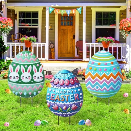 DoubleFill 3 Pcs Easter Eggs Yard Sign 3D Easter Yard Decorations Lawn Outdoor Metal Stake Eggs Bunny Easter Decorations Yard Decor for Outdoor Spring Ornament Lawn Pathway Garden (Crayon Style)