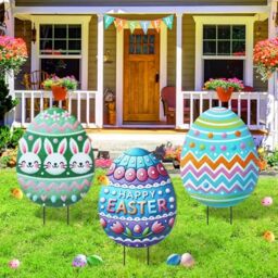 DoubleFill 3 Pcs Easter Eggs Yard Sign 3D Easter Yard Decorations Lawn Outdoor Metal Stake Eggs Bunny Easter Decorations Yard Decor for Outdoor Spring Ornament Lawn Pathway Garden (Crayon Style)