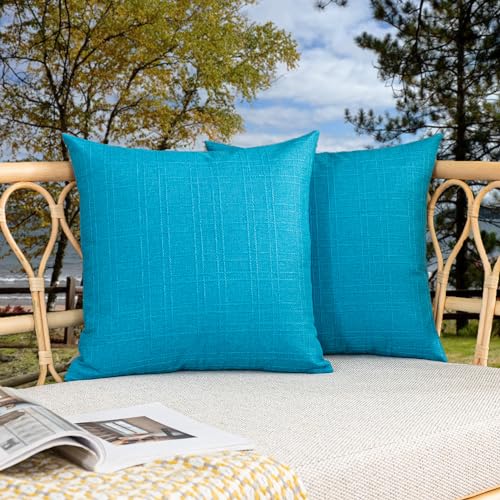 Kevin Textile Pack of 2 Outdoor Waterproof Pillow Covers Checkered Decorative Cushions Sham Throw Pillowcases Shell for Patio Tent Garden Couch Bed Sofa 22x22 Inch Peacock Blue