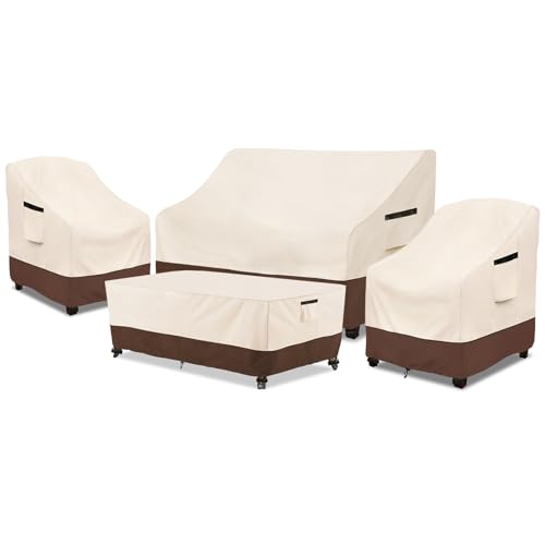 Rileytee Patio Furniture Set Covers, 4 Pcs 600D Heavy Duty 100% Waterproof Outdoor Furniture Cover, Fit Patio Loveseat, Chair and Coffee Table (Beige & Brown)