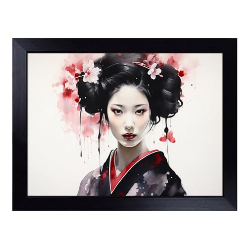 Lap Tray with Bean Bag Cushion, Geisha Watercolour - Handmade in the UK, Raised Wooden Edge, Padded Cushion, Heat-Resistant Wipe-Clean Surface, for Meals, Laptops and Crafts