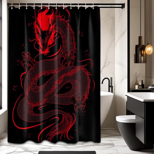 DLTAY Dragon Shower Curtain Black and Red Japanese Bathroom Decor Set, Asian Cool Medieval Mens Boys Bath Waterproof Fabric with Hooks, 70x96 Inch