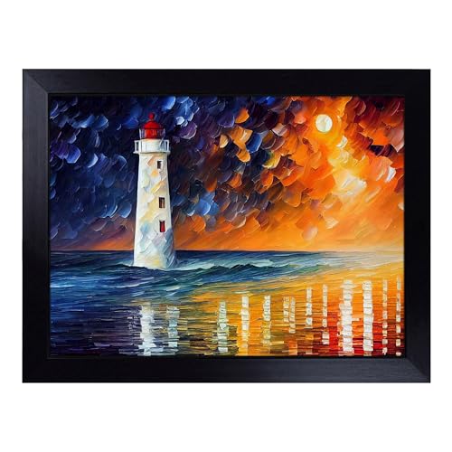 Lap Tray with Bean Bag Cushion, Colourful Lighthouse - Handmade in the UK, Raised Wooden Edge, Padded Cushion, Heat-Resistant Wipe-Clean Surface, for Meals, Laptops and Crafts