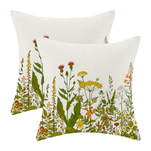 AEIOAE Yellow and Green Pillow Covers 16x16 Inch Set of 2, Spring Wildflower Plant Throw Pillows Case,Seasonal Floral Outdoor Decorative Flowers Farmhouse Decor Cushion Covers for Home Sofa Bed Couch