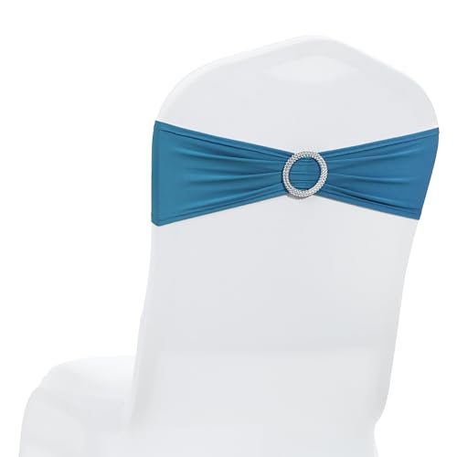 MDS Pack of 50 Spandex Chair Sashes Bow Premium Stretch Chair Cover Band with Buckle Slider Universal fits Elastic Dining Chair Ties for Wedding Party Banquet Events Decoration - Dark Teal