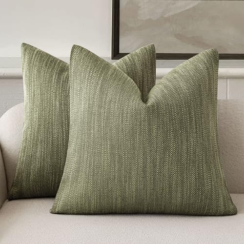 Foindtower Set of 2 Decorative Textured Burlap Linen Throw Pillow Covers Farmhouse Boho Cushion Cover Solid Accent Pillowcase for Couch Sofa Bed Living Room Home Decor,20??20 Inch,Olive Green