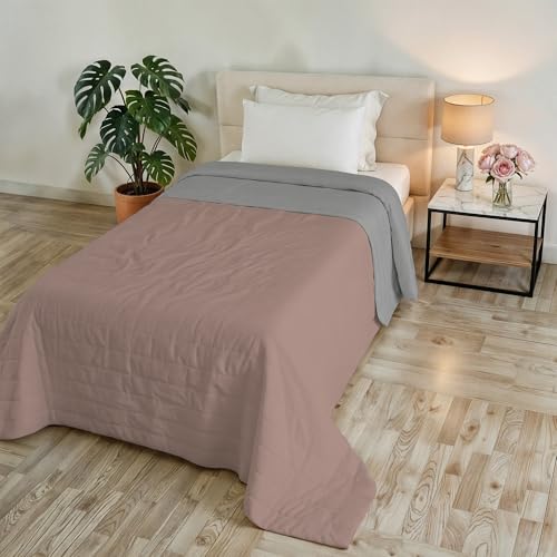 GOLIA Summer Quilt, Made in Italy, 100% Polyester – Double-Sided Bedspread with WaterWashed Effect – Lightweight Blanket with 65 g Filling – Single Bed 170 x 250 cm – Pink/Light Grey