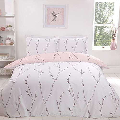 Sleepdown Willow Floral Blush Pink Ultra Soft Easy Care Hypoallergenic Printed White Reversible Duvet Cover Quilt Bedding Set with Pillowcase - Blush Pink, Super King (220 cm x 260 cm)