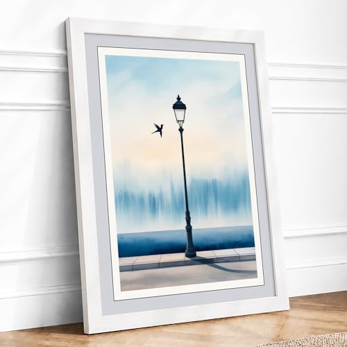 Lamp With Perch Scandinavian Framed Wall Art Print A1 White