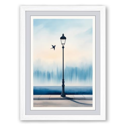 Lamp With Perch Scandinavian Framed Wall Art Print A1 (84.1×59.4cm) White, Wall Decor for Living Room, Bedroom, Office & Home, Ready to Hang, Art Gift