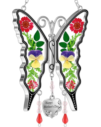KY&BOSAM Gifts for Women Happy Mother`s Day Butterfly Suncatcher Stained Glass Suncatcher for Window Hanging Home Decor Wind Chime with Pressed Real Flower Garden Decor Gifts for Mom Mothers Day