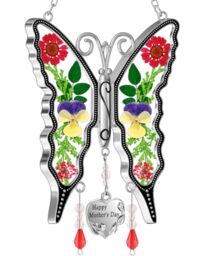 KY&BOSAM Gifts for Women Happy Mother`s Day Butterfly Suncatcher Stained Glass Suncatcher for Window Hanging Home Decor Wind Chime with Pressed Real Flower Garden Decor Gifts for Mom Mothers Day
