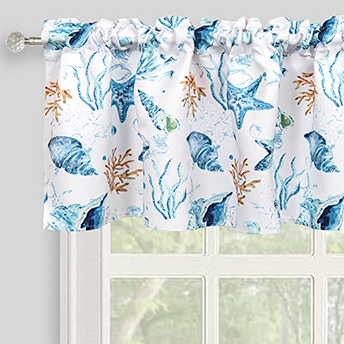 Inselnwald Coastal Curtain Valance, Starfish Conch Coral Sea Ocean Creature Nautical Window Toppers Valances for Kitchen Bedroom Rod Pocket, 52Wx18L Inch, Blue