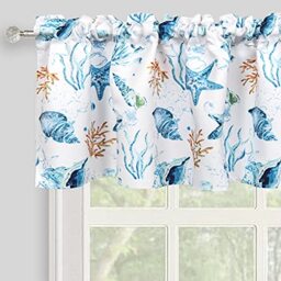 Inselnwald Coastal Curtain Valance, Starfish Conch Coral Sea Ocean Creature Nautical Window Toppers Valances for Kitchen Bedroom Rod Pocket, 52Wx18L Inch, Blue