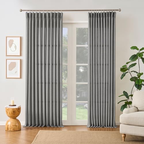 RAIN CITY Grey Linen Pinch Pleated Semi Sheer Curtains 2 Panels 70x102
