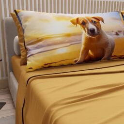 PETTI Artigiani Italiani - Animal Bed Linen with Dogs in Cotton with Pillowcases in Digital Print, Double Bedsheets, Yellow Double Bed Set, 100% Made in Italy