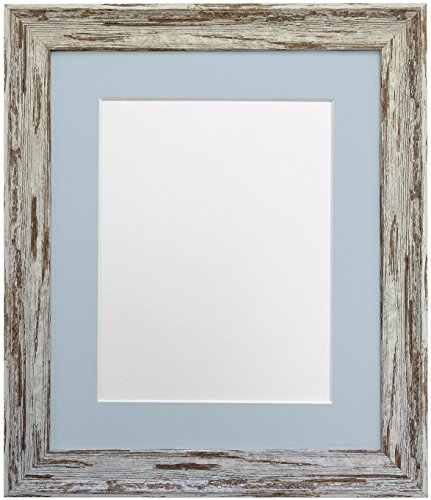 "FRAMES BY POST Distressed Industrial Dark Brown Wash Photo Frame with Blue Grey Mount 14""x11"" Pic Size 12""x8"""