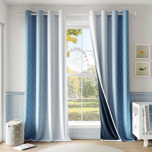 Geomoroccan Ombre 100% Blackout Curtains 90 Inch Length 2 Panels for Bedroom Living Room Blue White Gradient Patterned Room Darkening Thermal Insulated Grommet Window Treatment Drapes,52x90, 2 Set
