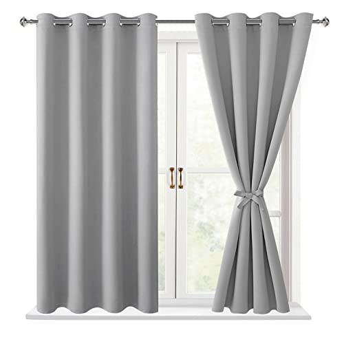 Hiasan Blackout Curtains for Bedroom - Thermal Insulated & Light Blocking Window Curtains for Living Room/Kids Room, 2 Drape Panels Sewn with Tiebacks, Silver Grey, 52 x 45 Inch