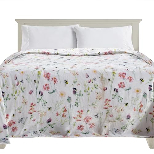 Elegant Comfort Ultra Soft Print Flannel Fleece Bed Blanket, Cozy-Fuzzy Lightweight Bedspread Coverlet, All season Decorative Blanket for Couch, Sofa, Floral Design, King Size, Bloom