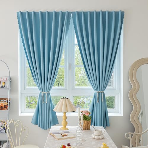"Jilron Magic Tape Stick on Curtains Blackout Curtains for Bedroom no Drillng Self Adhesive Curtain no Rod Small Window (Sky Blue, 47"" W x 71"" L) 2 Panels"