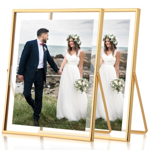 Fixwal Floating Picture Frame Set of 2, 8 x 10 Tempered Glass Frame, for Tabletop Display, Gold Metal Display Frame, for Multi Size Photos including 6 x 8,5 x 7