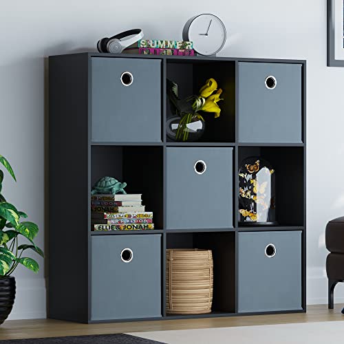 Vida Designs Durham Cube Bookcase Storage Organiser Living Room Bookshelf Home Office Furniture (9 Cube & 5 Grey Baskets, Black)
