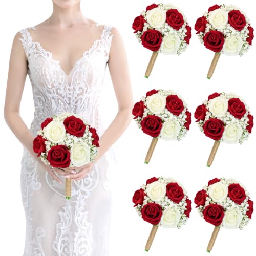 Burgundy Bridesmaids Bouquets Set of 6-7 Inch Artificial Flower Bouquet for Bridesmaid Pre-made Gypsophila Silk Rose Small Floral Bouquet for Wedding Bridal Shower Ceremony Anniversary Deocr