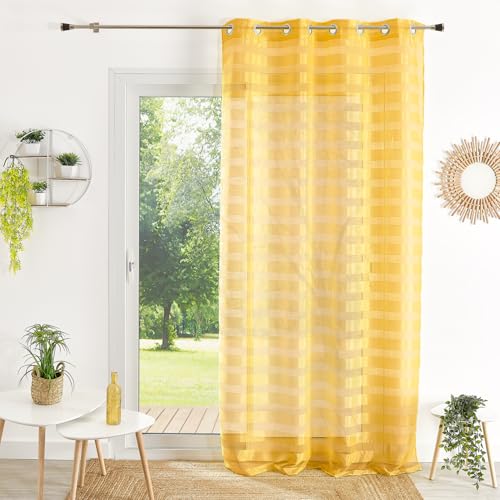 Homemaison Striped Curtain in Yellow - 100% Polyester - Alternating Opaque and Transparent - Round Eyelets in Silver - Ready to Hang - 140 x 240 cm - Yellow