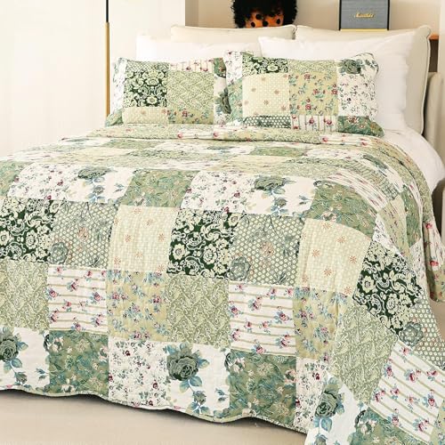 "Cmfshape Summer Floral Oversized King Quilted Bedspread,Romantic Green Quilt Set,Reversible Stitched Bedding Cover All Season,Soft Lightweight Coverlet with Pillow Cases (Green,114""x102"")"