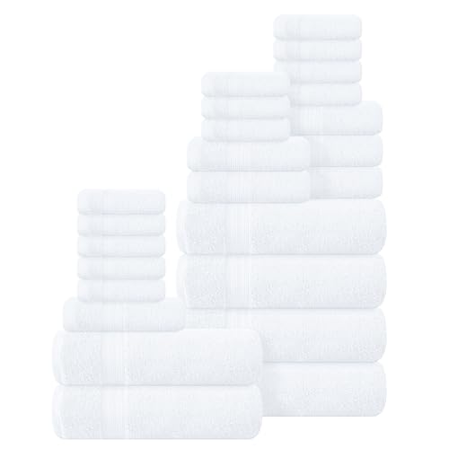 BOUTIQUO 24 Pack Cotton Towel Set, Contains 6 Bath Towels 27x54 inch, 6 Hand Towels 16x24 inch & 12 Wash Coths 12x12 inch, Ideal Everyday use, Ultra Soft Compact & Lightweight - White